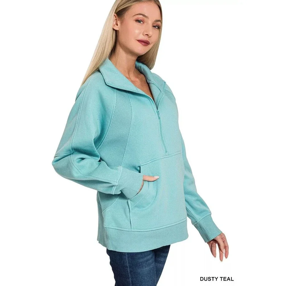 Zenana Half Zip Fleece Sweatshirt with kangaroo Pocket - Picture 3 of 3